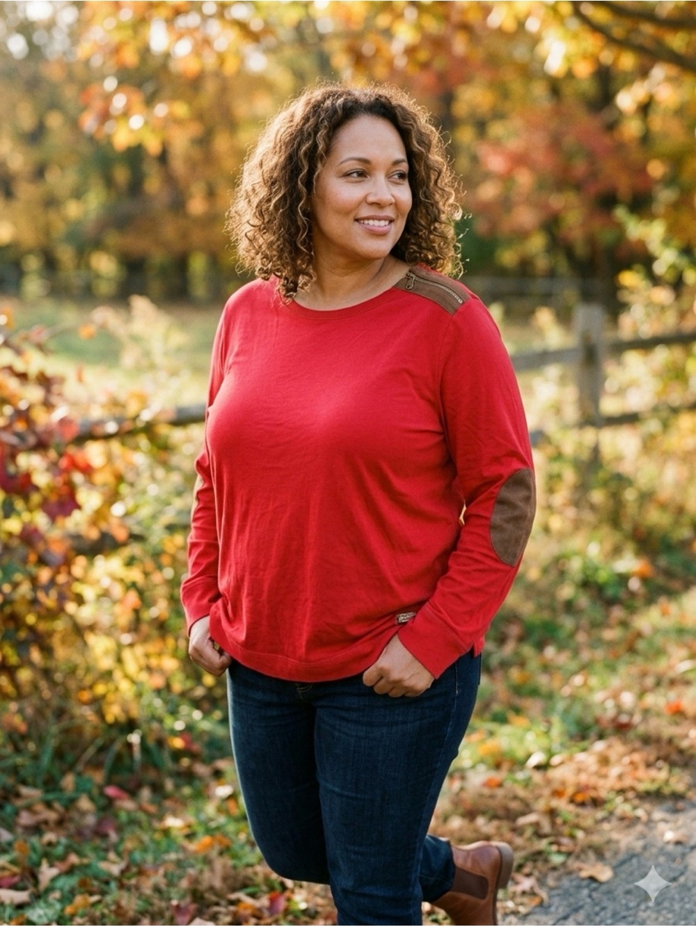 {Ralph Lauren} Red Crewneck Sweater with Brown Elbow Patches